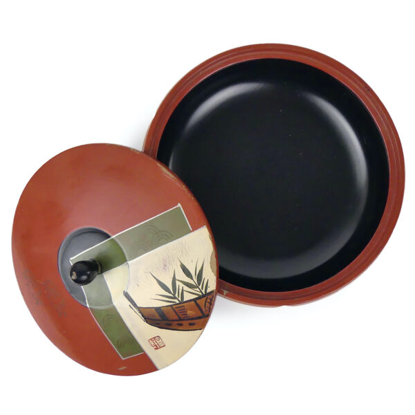 Petite boîte en bambou laqué rouge et noir Artisanat japonais Shōwa (dessus ouvert)