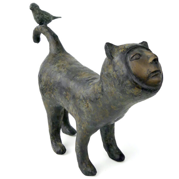 Sculpture anthropo-zoomorphe homme-chat en bronze signée Yuwana Thaïlande (3/4)