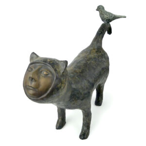 Sculpture anthropo-zoomorphe homme-chat en bronze signée Yuwana Thaïlande (3/4)