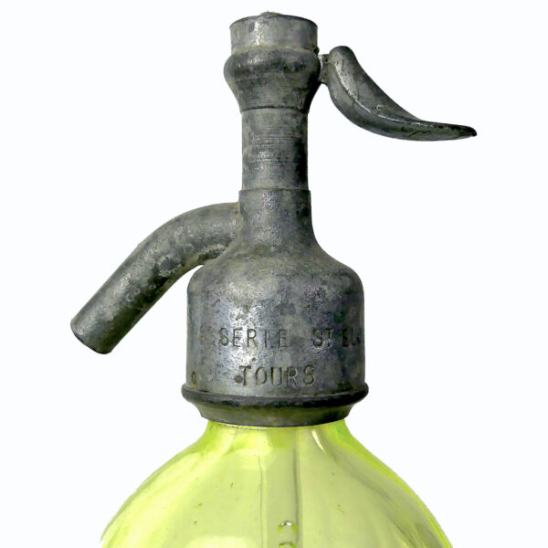 Siphon à eau de Seltz ancien en ouraline et étain Début XXe Tours (détail)