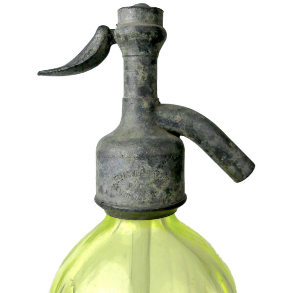 Siphon à eau de Seltz ancien en ouraline et étain Début XXe Tours (détail)