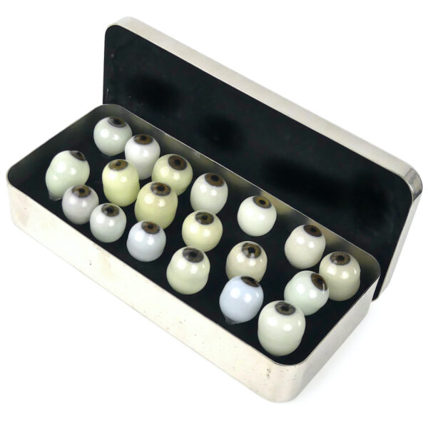 Boîte chirurgicale aux 19 globes oculaires Yeux de verre de prothésiste oculariste (boîte ouverte)