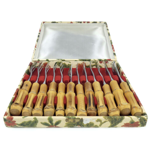 Service à dessert Bambou et inox avec pelle à tarte Coutellerie française (12 fourchettes à gâteau)