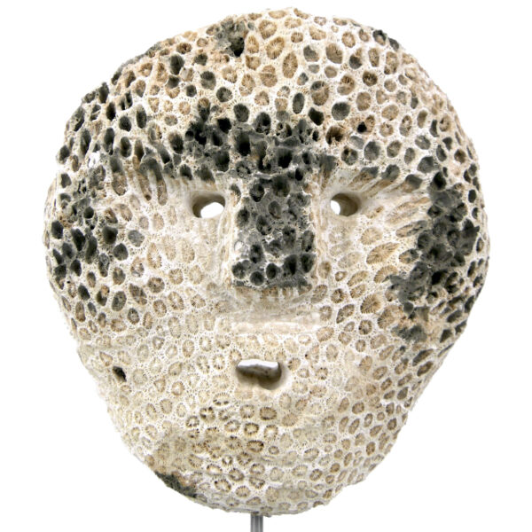 Masque d’ancêtre Atoni en corail fossilisé sur socle Timor oriental (face)