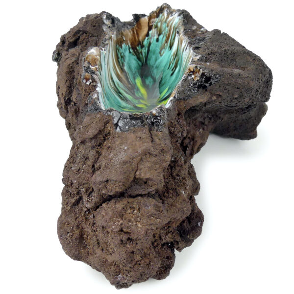Coupe décorative brutaliste en roche volcanique émaillée Artisanat français (face)