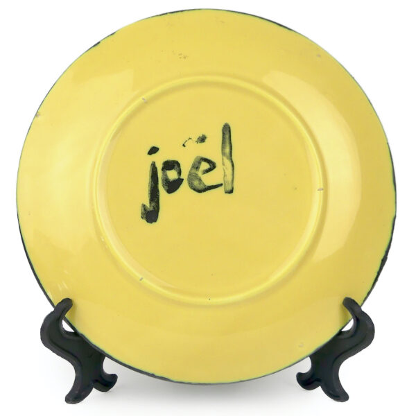 Petite assiette noire et jaune signée Joël peinte à la main Art enfantin (dos)