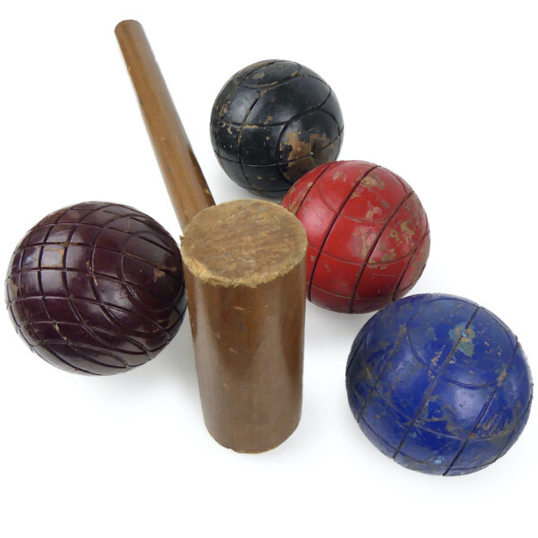 Lot croquet vintage indien Équipement sportif en cuir et bois Sport ancien (boules et maillet)