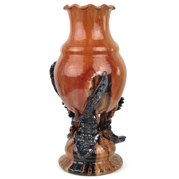Vase aux crocodiles ancien en céramique orange et brune Art nouveau