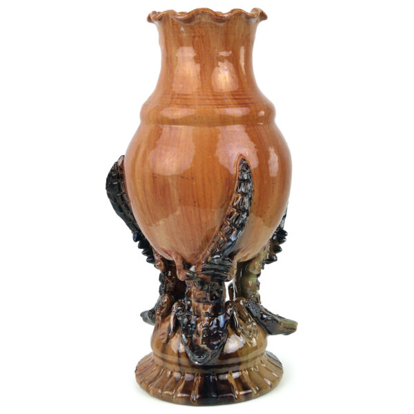 Vase aux crocodiles ancien en céramique orange et brune Art nouveau
