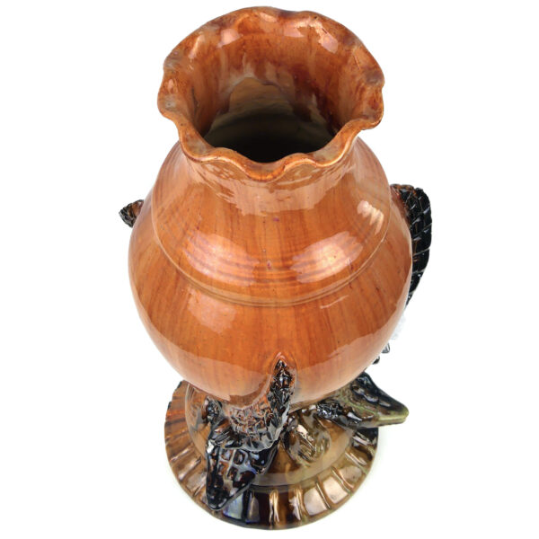 Vase aux crocodiles ancien en céramique orange et brune Art nouveau (dessus 3/4)