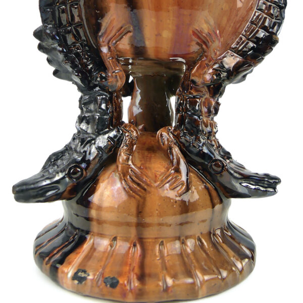 Vase aux crocodiles ancien en céramique orange et brune Art nouveau (détail)