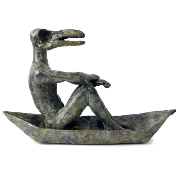 Homme-oiseau assis dans sa barque en bronze Art figuratif Thaïlandais (profil)