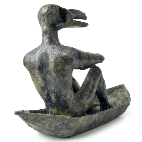 Homme-oiseau assis dans sa barque en bronze Art figuratif Thaïlandais (3/4 dos)