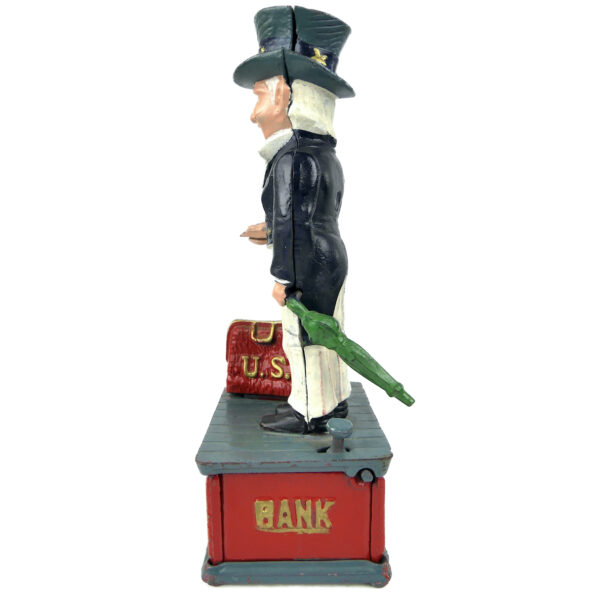 Tirelire mécanique Uncle Sam vintage Tirelire américaine en fonte peinte (profil)