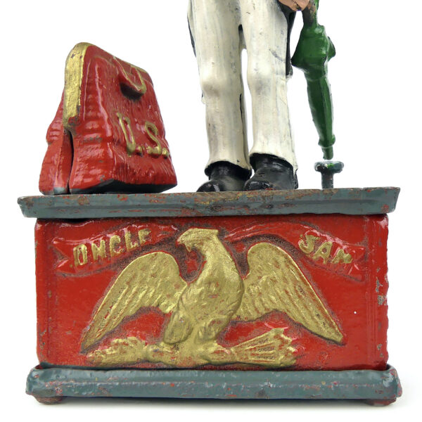 Tirelire mécanique Uncle Sam vintage Tirelire américaine en fonte peinte (détail)
