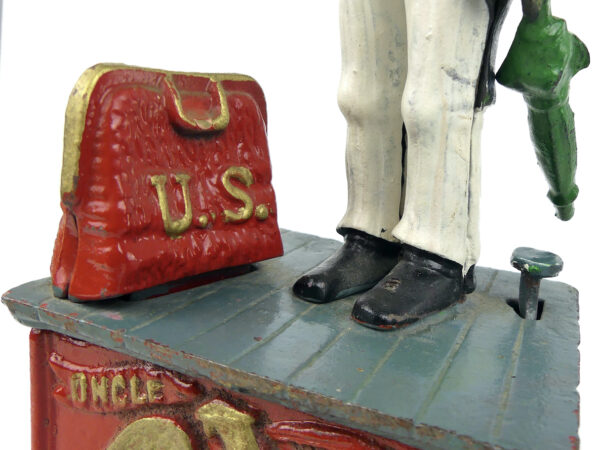 Tirelire mécanique Uncle Sam vintage Tirelire américaine en fonte peinte (détail)