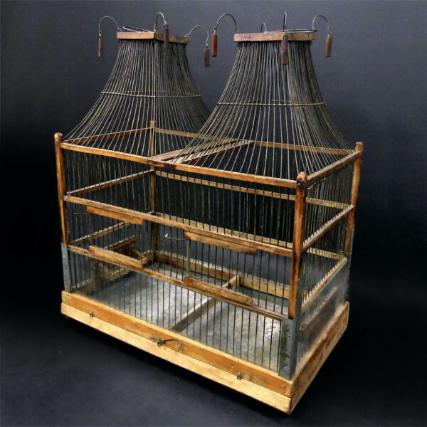 Grande cage à oiseaux double pagodes ancienne en bois et fil de fer Artisanat populaire (3/4)