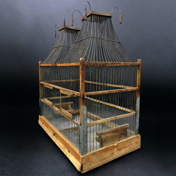 Grande cage à oiseaux double pagodes ancienne en bois et fil de fer Artisanat populaire (3/4)