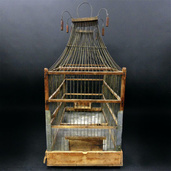 Grande cage à oiseaux double pagodes ancienne en bois et fil de fer Artisanat populaire (profil)