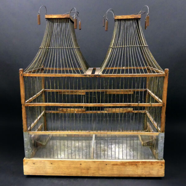 Grande cage à oiseaux double pagodes ancienne en bois et fil de fer Artisanat populaire (dos)