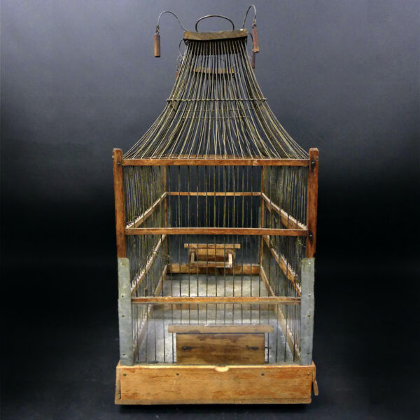 Grande cage à oiseaux double pagodes ancienne en bois et fil de fer Artisanat populaire (profil)