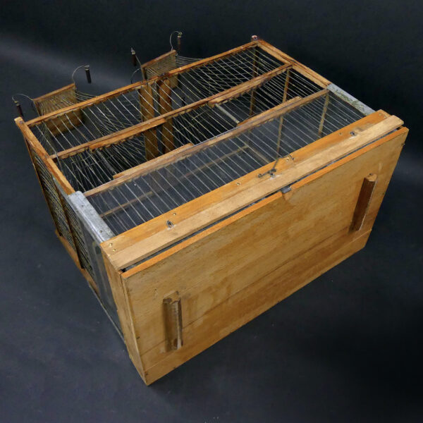Grande cage à oiseaux double pagodes ancienne en bois et fil de fer Artisanat populaire (dessous 3/4)